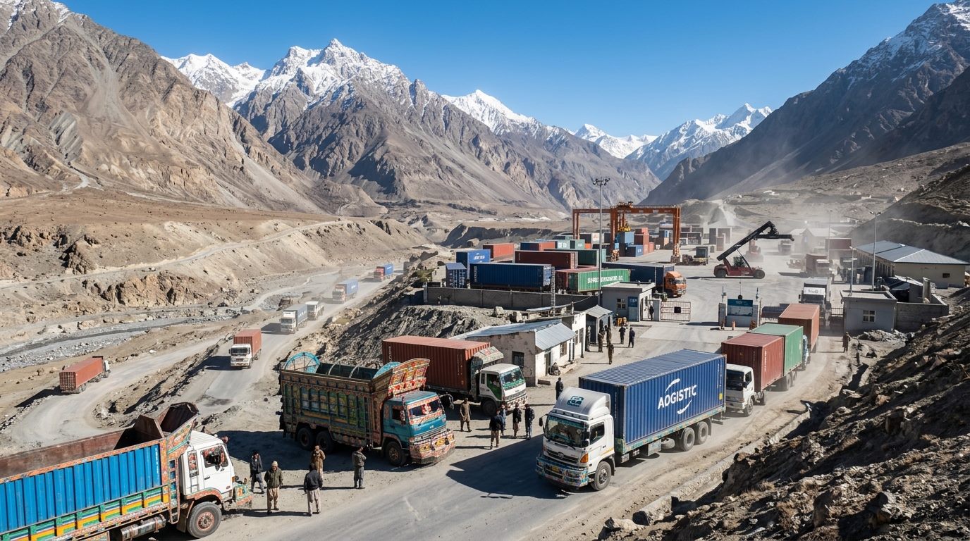 Overland freight trucks in the Karakoram corridor